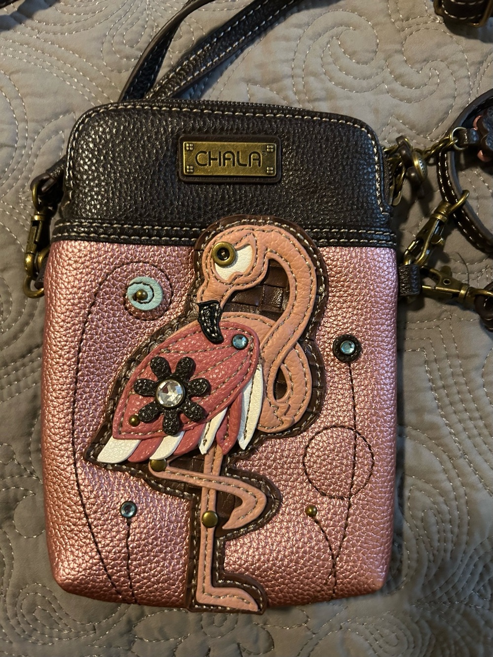Chala Metallic Pink Flamingo Crossbody with Brown Trim